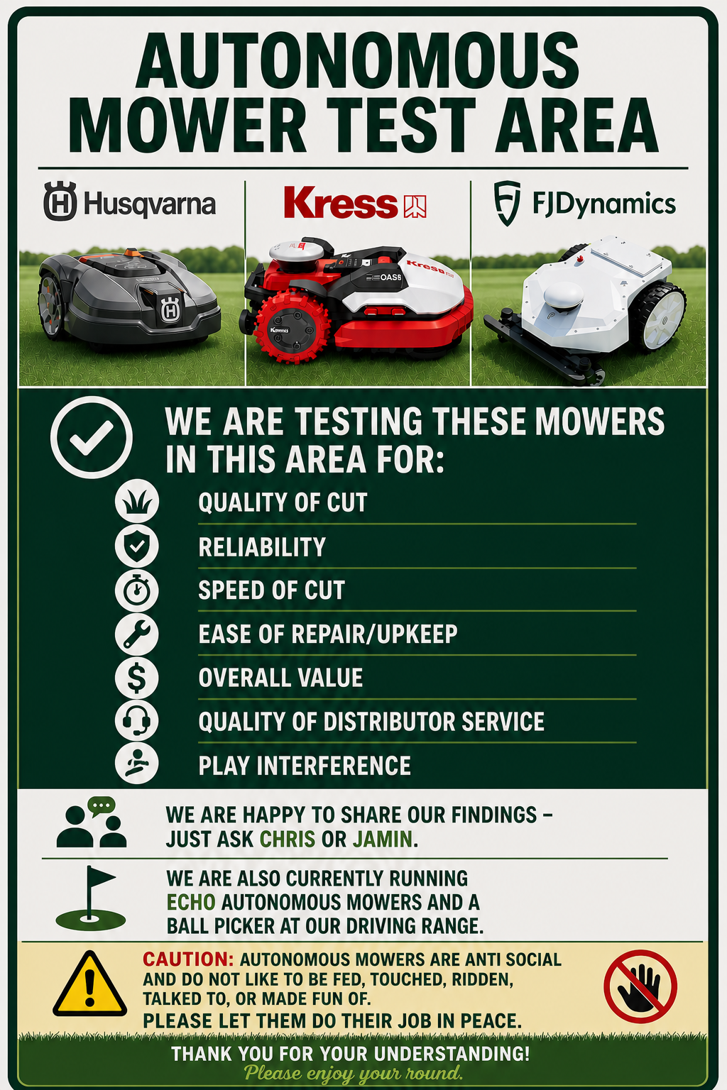Autonomous mower test area sign at Amherst Country Club